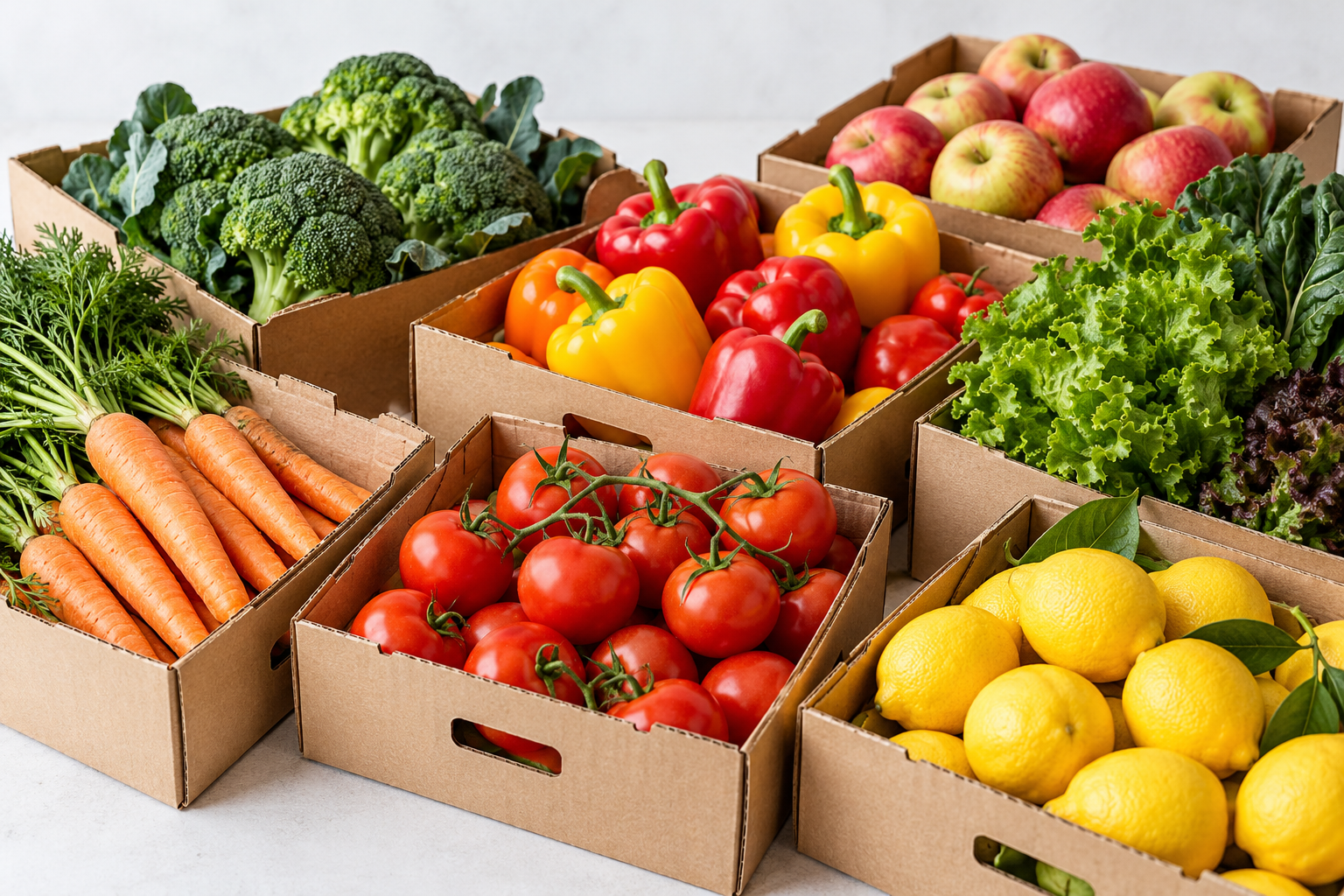 Illustrative selection of fresh vegetables and fruit in produce cartons